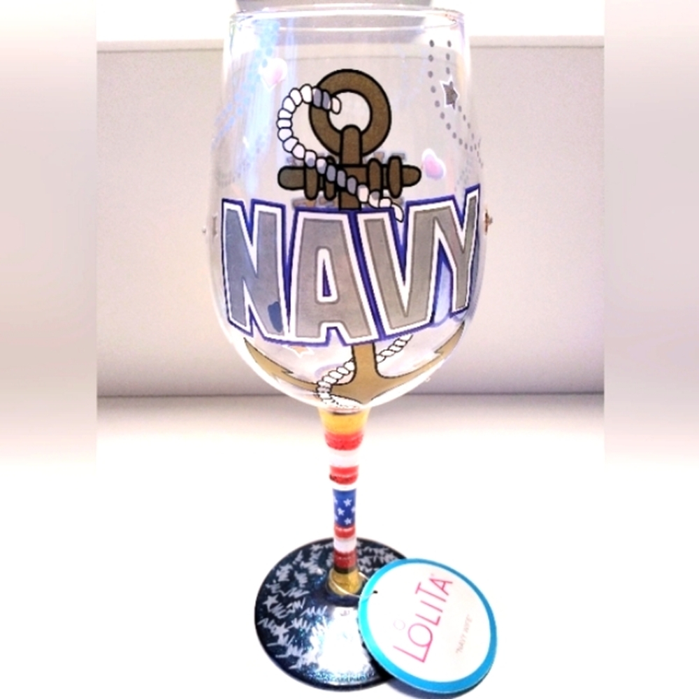 ⭐NEW LISTING⭐ LOLITA DECORATIVE HAND PAINTED "NAVY WIFE" WINE GLASS